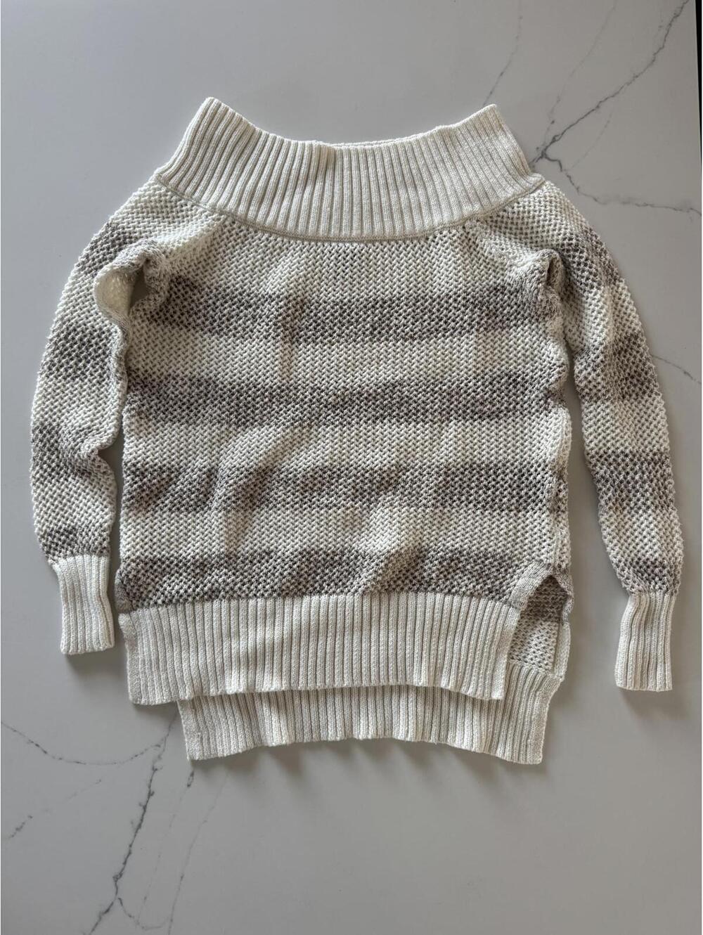 Aerie Knit Off-Shoulder Sweater with Neutral Stripes XS